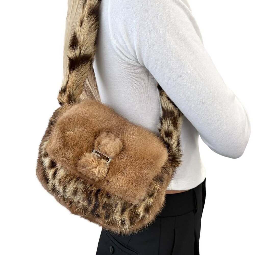 FENDI Vintage FF Logo Leopard Fur Shoulder Bag Baguette Brown Leather [106903]